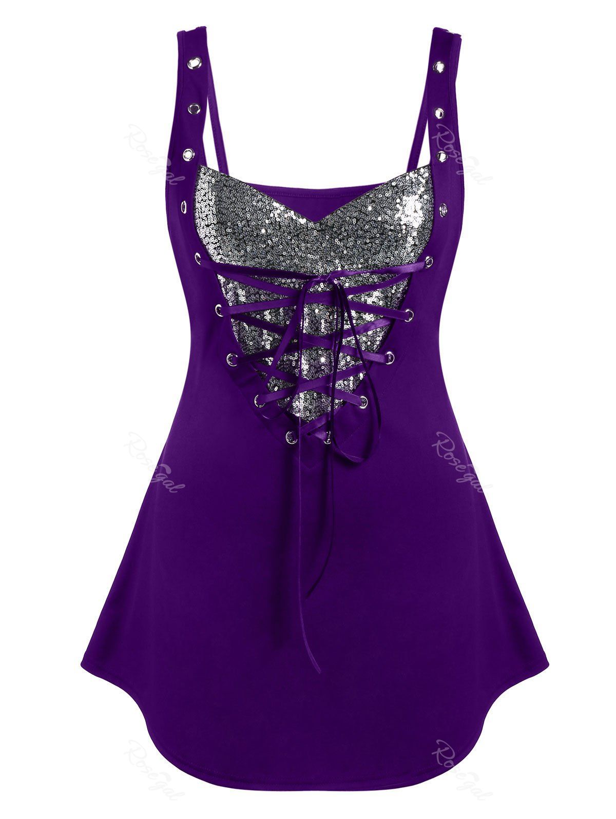 

Plus Size Sequined Lace Up Rings Tank Top, Purple iris