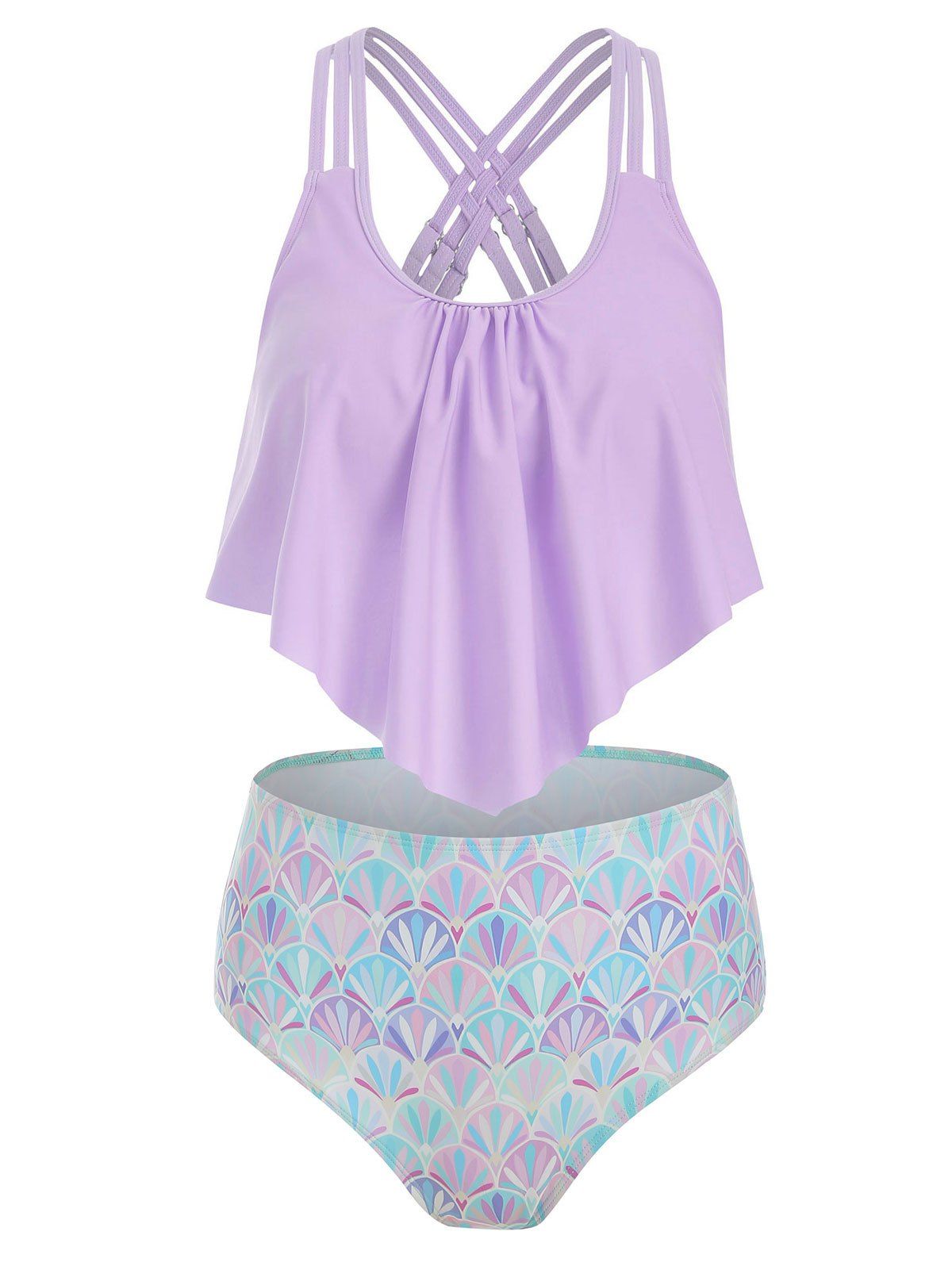 

Strappy Flounce Mermaid High Waisted Tankini Swimwear, Lilac