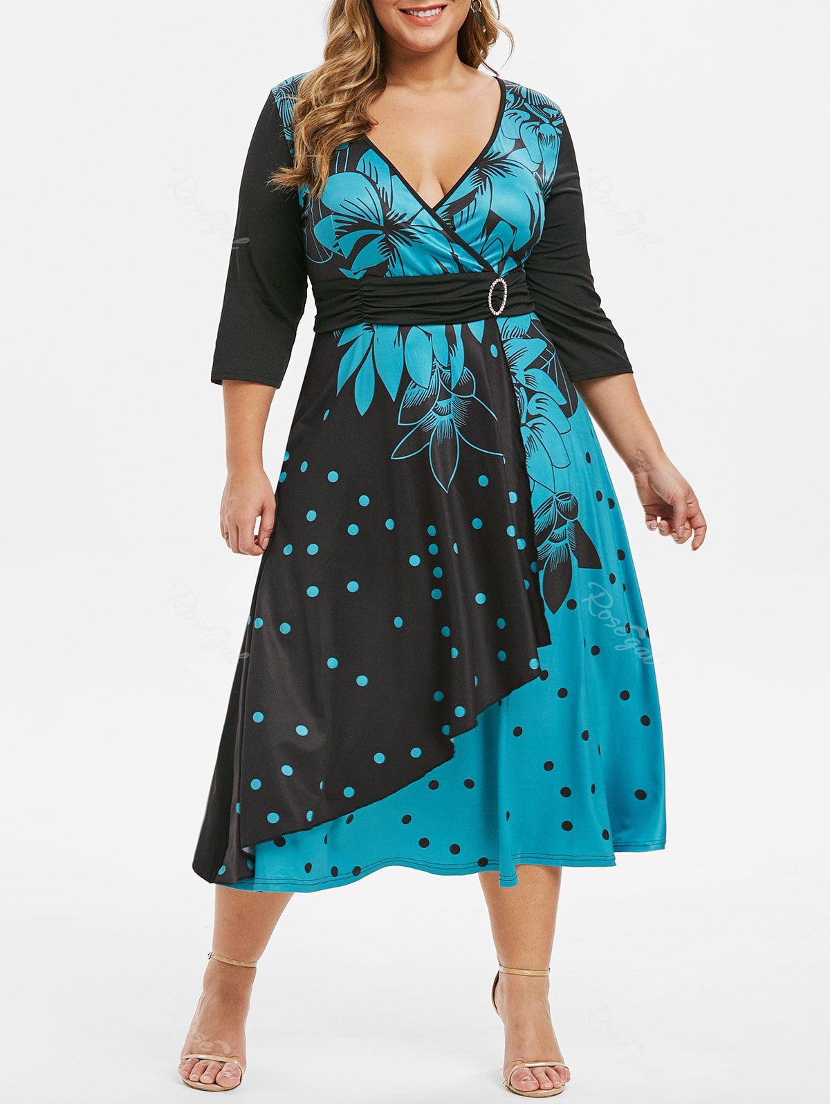 

Plus Size Polka Dot Flower Plunging O Ring Dress, Macaw blue green