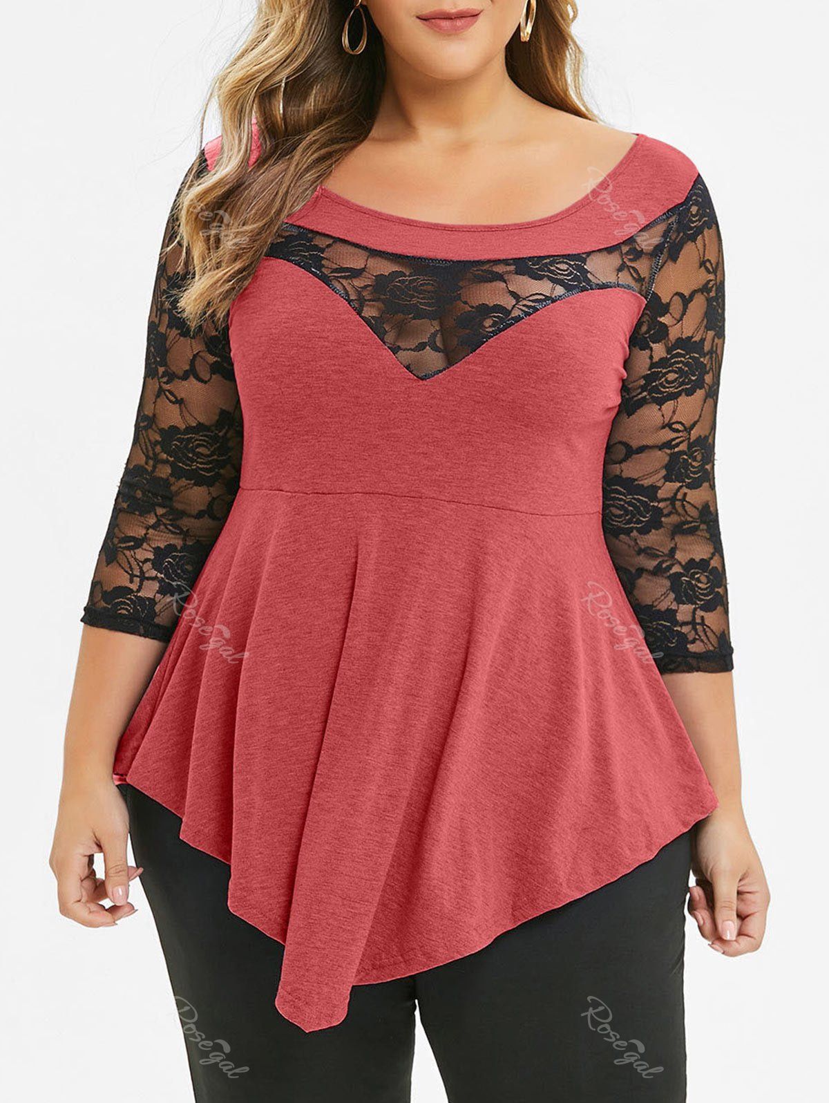 

Plus Size Floral Lace Panel Asymmetrical T-shirt, Cherry red
