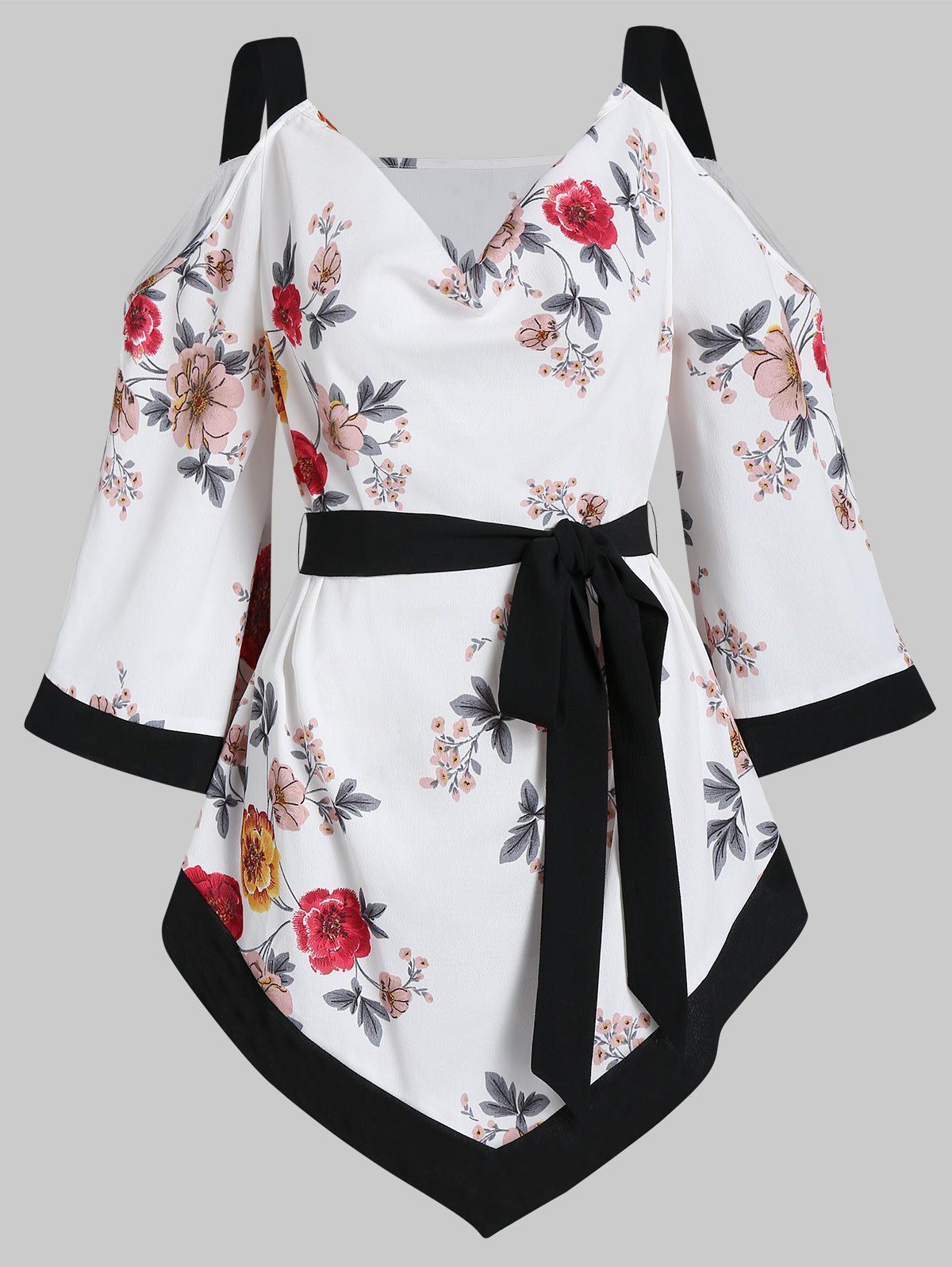 

Floral Print Open Shoulder Plunge T Shirt, White