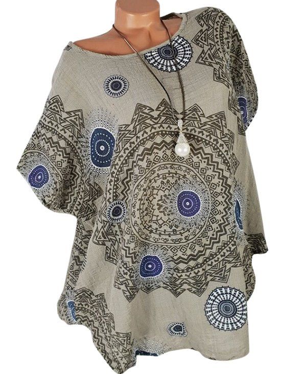 

Batwing Printed Curved Plus Size Blouse, Light khaki