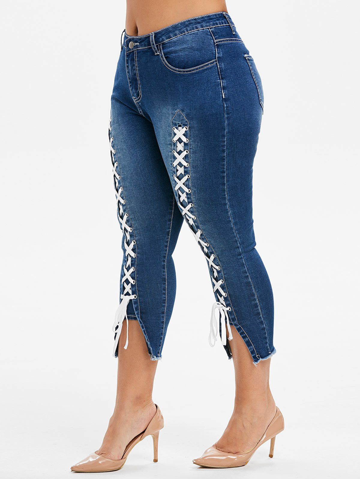 Plus Size Lace Up Capri Frayed Jeans [49% OFF] | Rosegal
