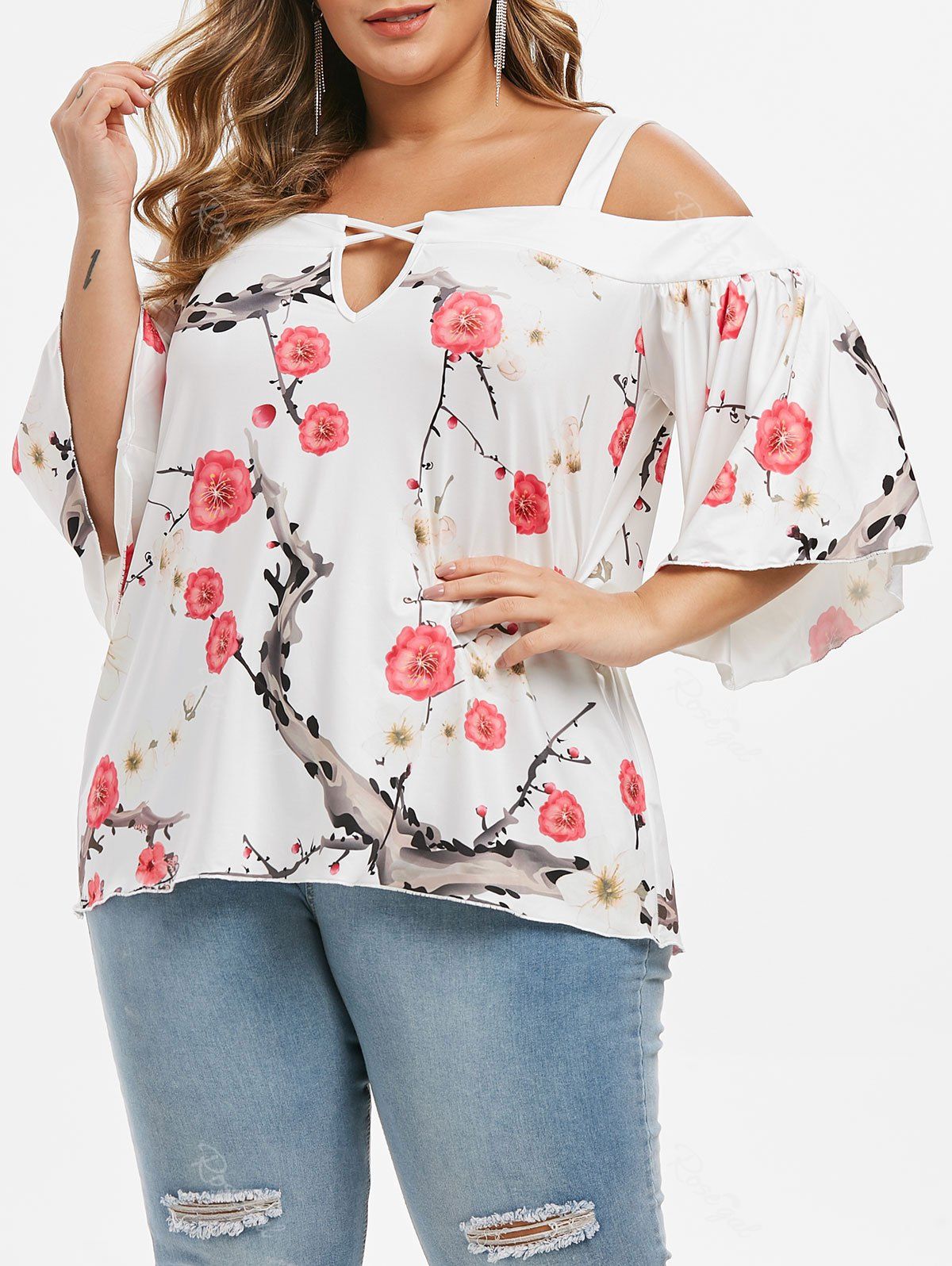 

Plus Size Peach Blossom Cold Shoulder T-shirt, Milk white