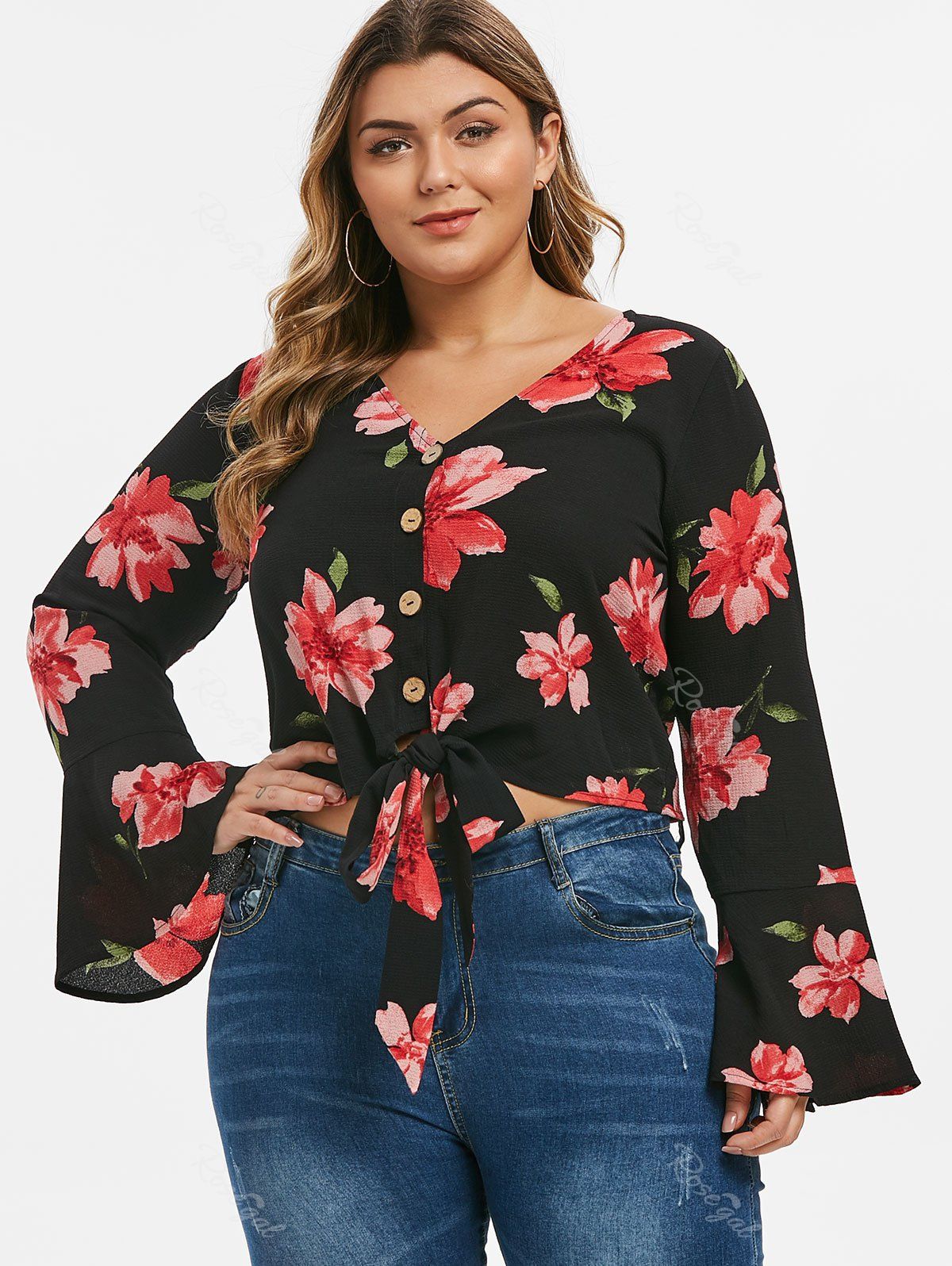 Plus Size Bell Sleeve Flower Print Knotted Blouse - L