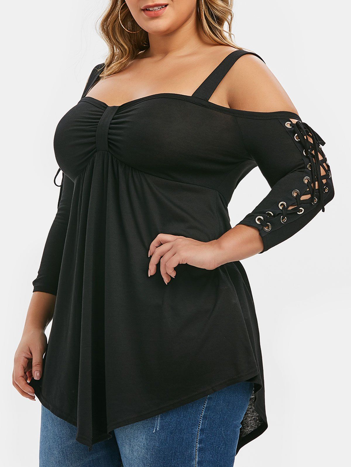 

Plus Size Lace Up Cold Shoulder T-shirt, Black