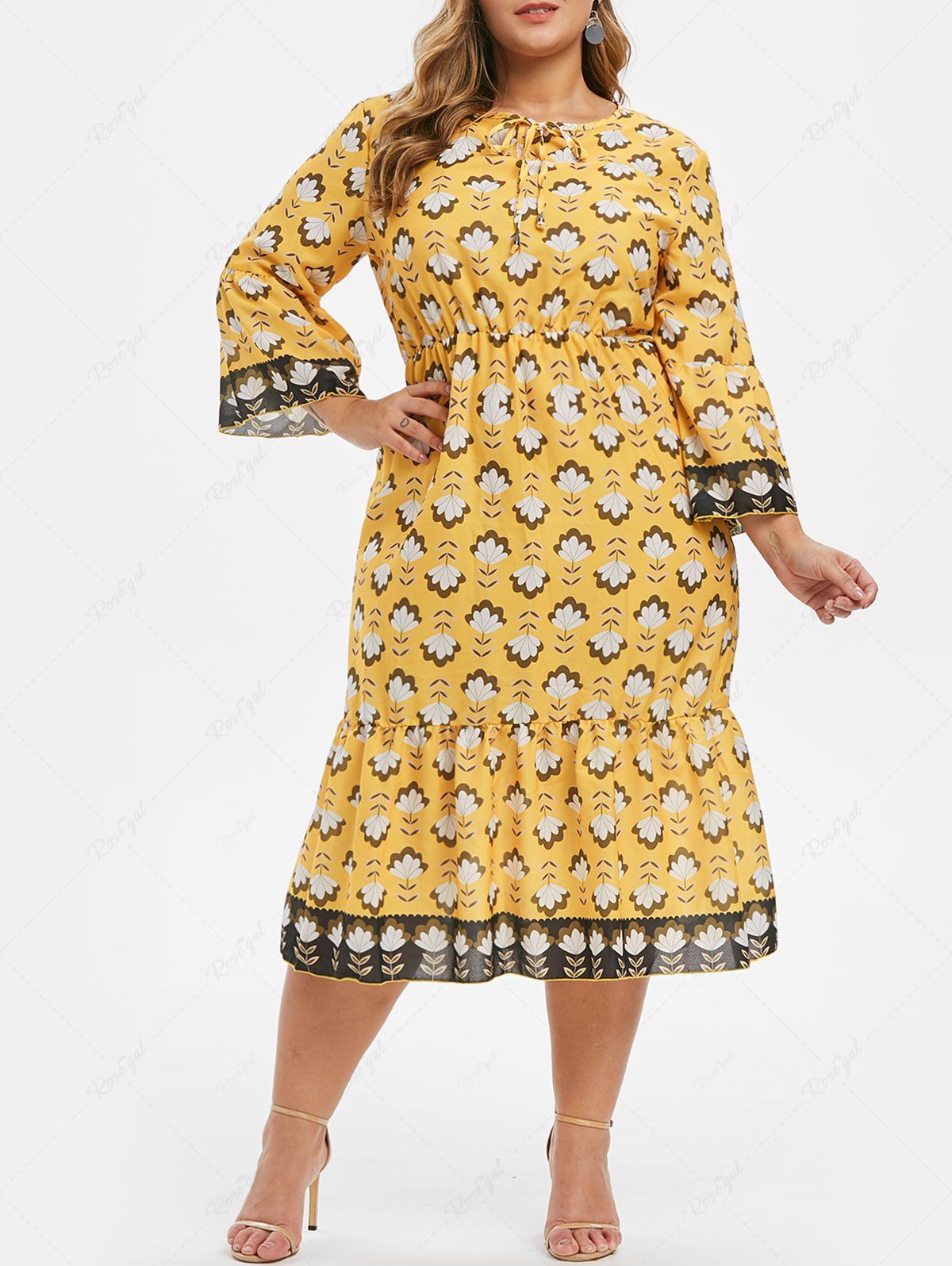 Chic Plus Size Flower Flare Sleeve Ruffled A Line Dress  