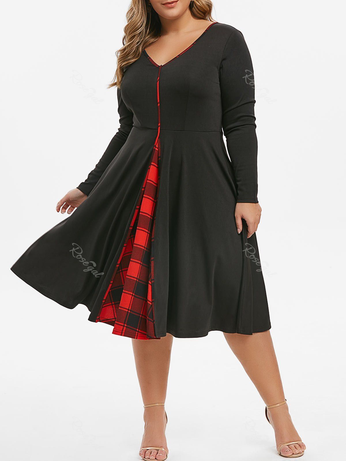 

Plus Size Plunge Plaid Panel Long Sleeve A Line Dress, Black