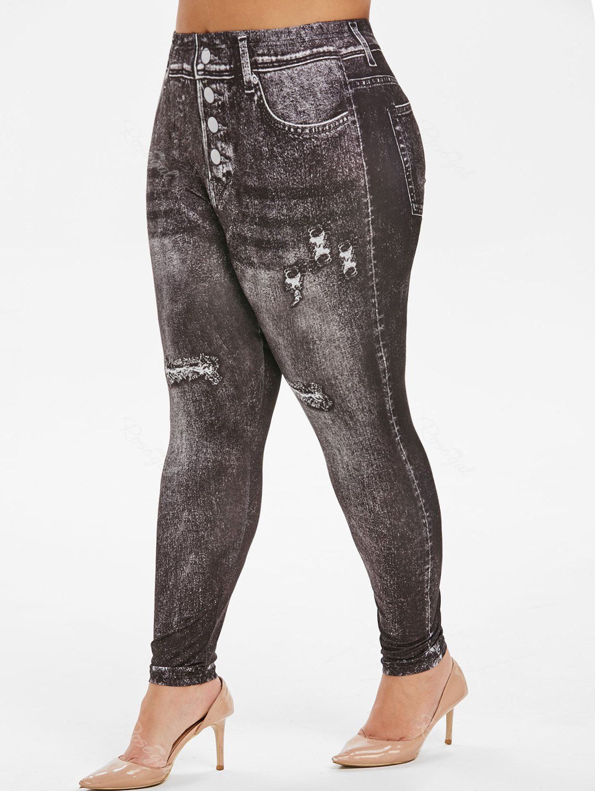 

High Waisted Faded Printed Plus Size Jeggings, Black