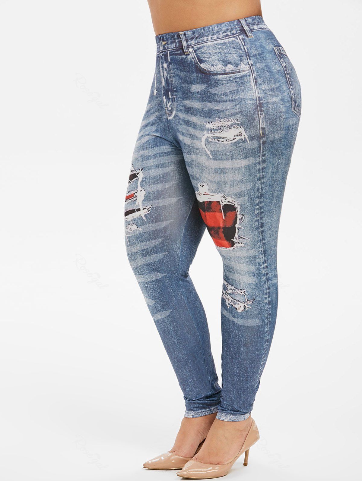 Printed Plaid Panel High Waisted Plus Size Jeggings, Blue