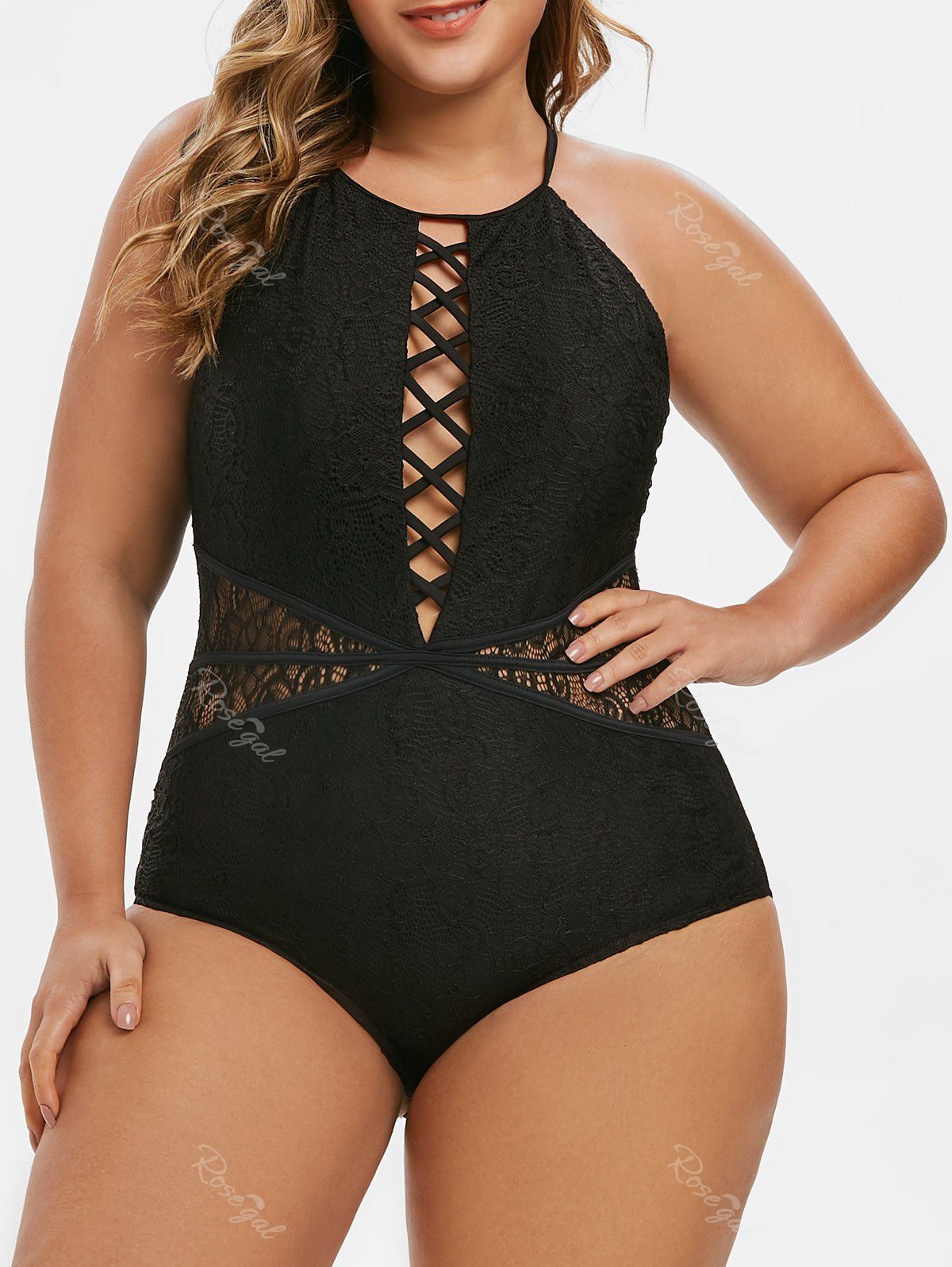 

Plus Size Criss Cross Lace One-piece Swimsuit, Black