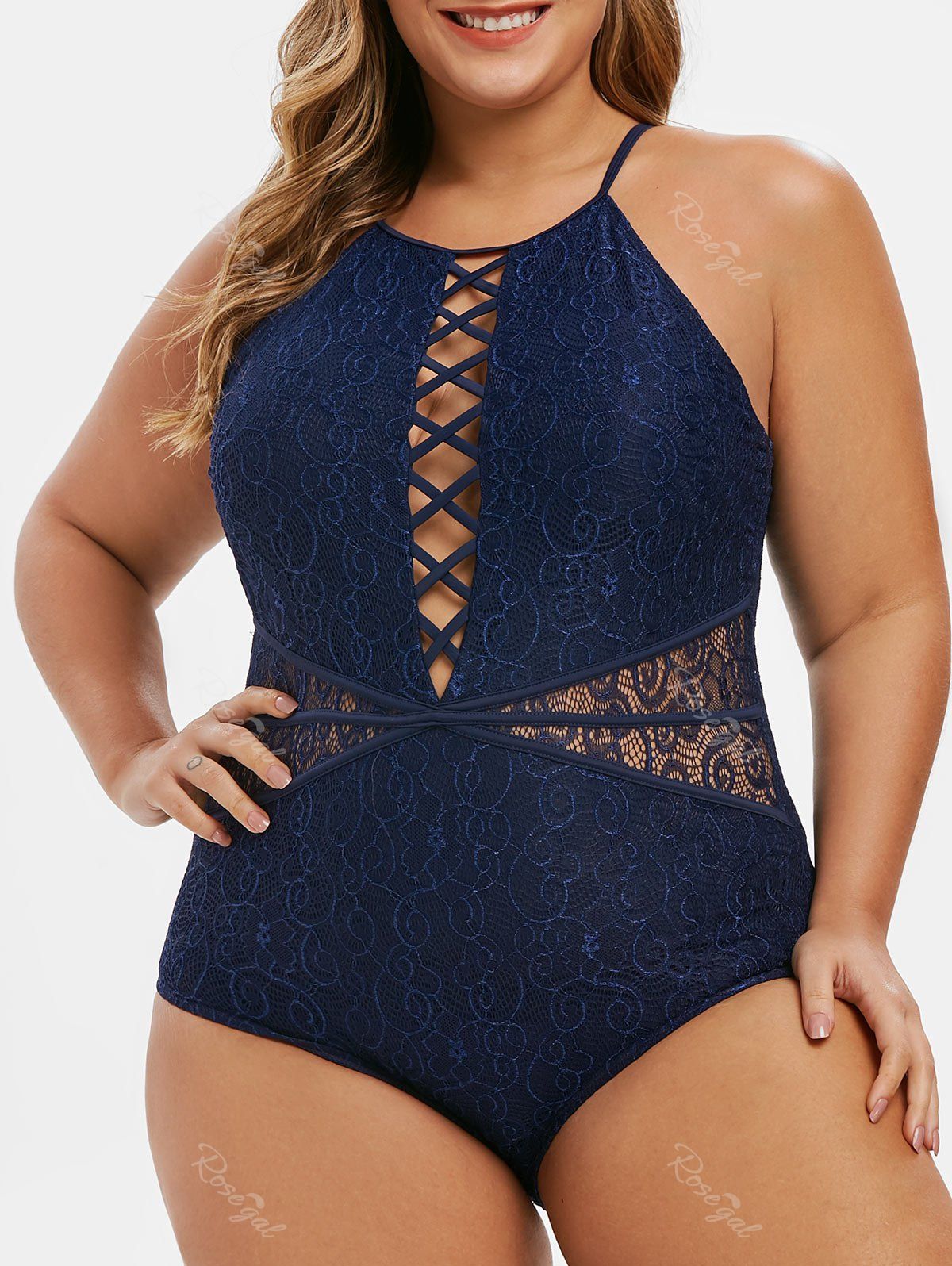 

Plus Size Criss Cross Lace One-piece Swimsuit, Midnight blue