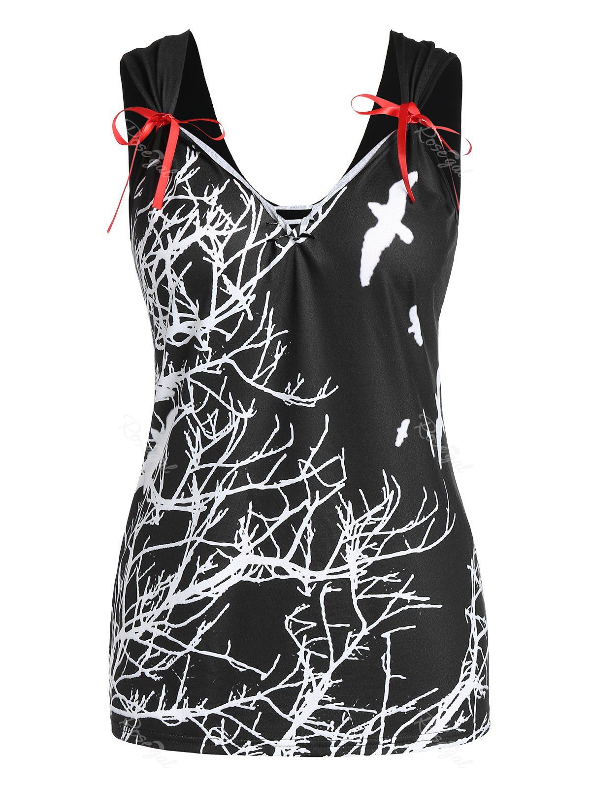 

Plus Size Branch Print Bowknot Tank Top, Black