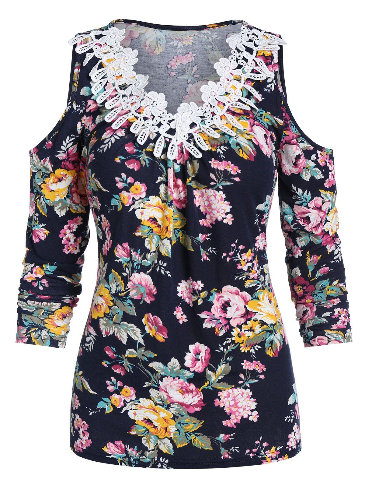 

Applique V Neck Open Shoulder T Shirt, Midnight blue