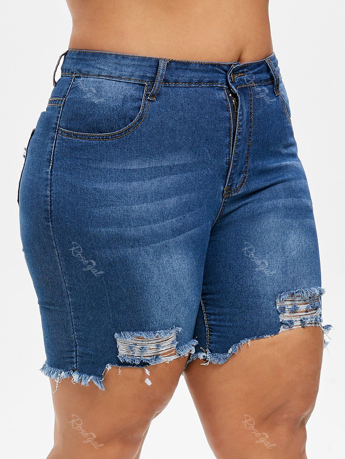 Plus Size Ripped Frayed Hem Denim Shorts [45% OFF] | Rosegal