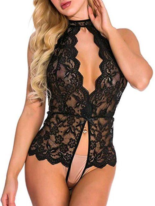 

Scalloped Floral Lace Backless Teddy, Black