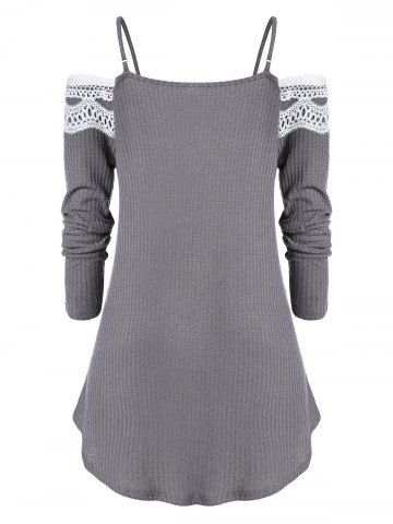 

Plus Size Cold Shoulder Lace Spliced Sweater, Carbon gray