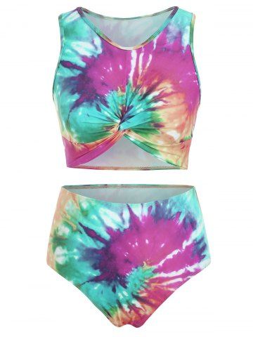 Twist Front Tie Dye Padded Tankini Swimsuit - MULTI-B - S