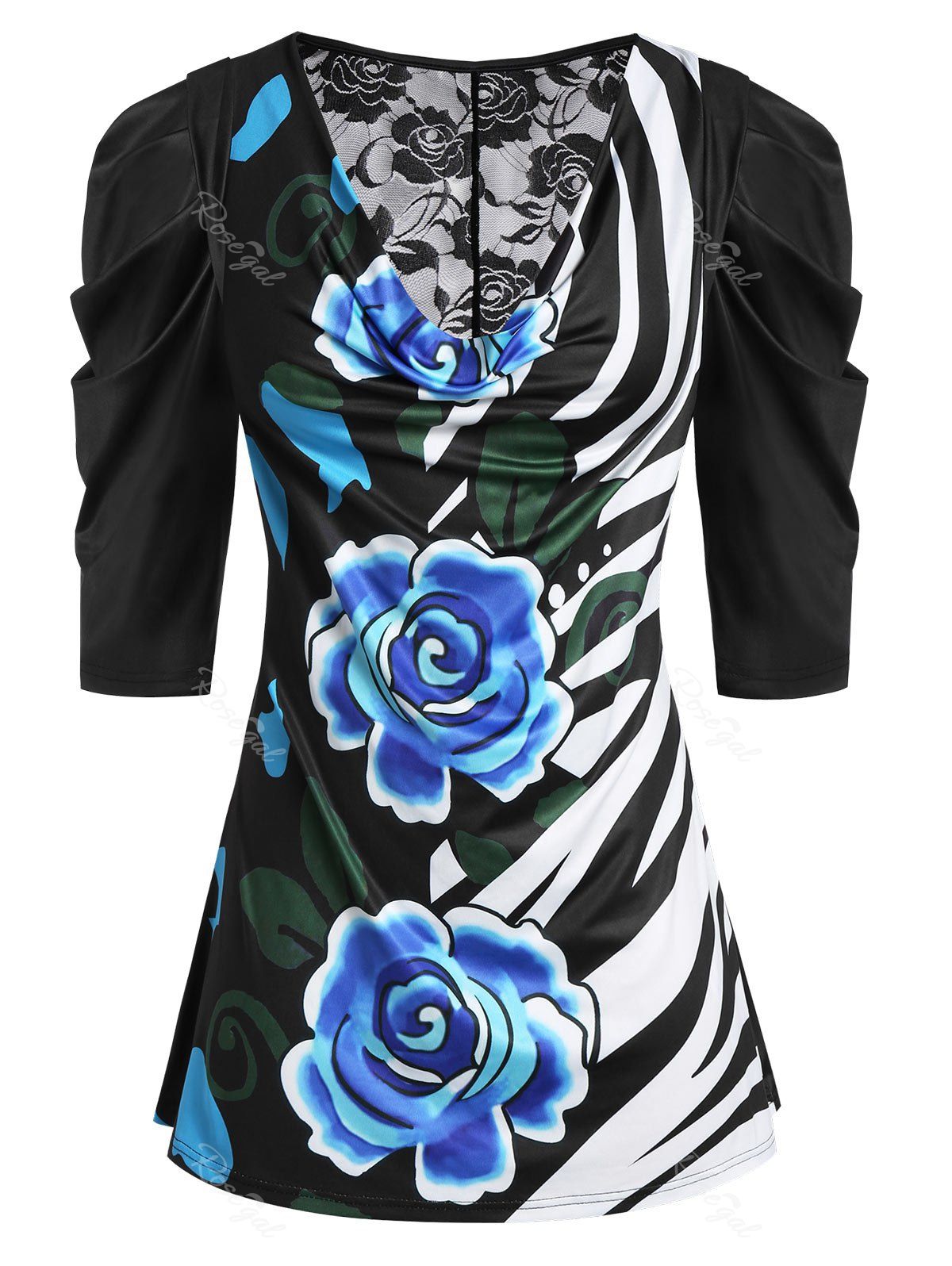 

Plus Size Floral Print Ruched Cowl Neck Tee, Black