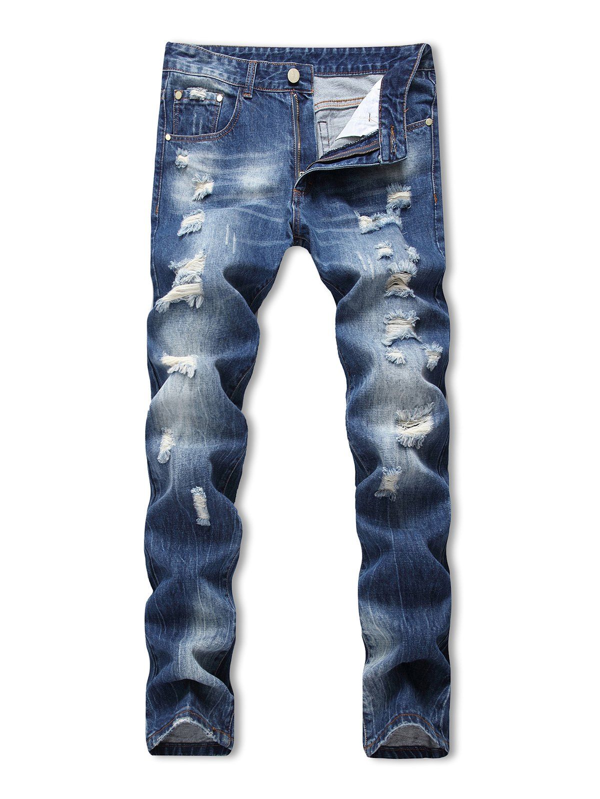 

Zipper Fly Ripped Decoration Jeans, Denim blue