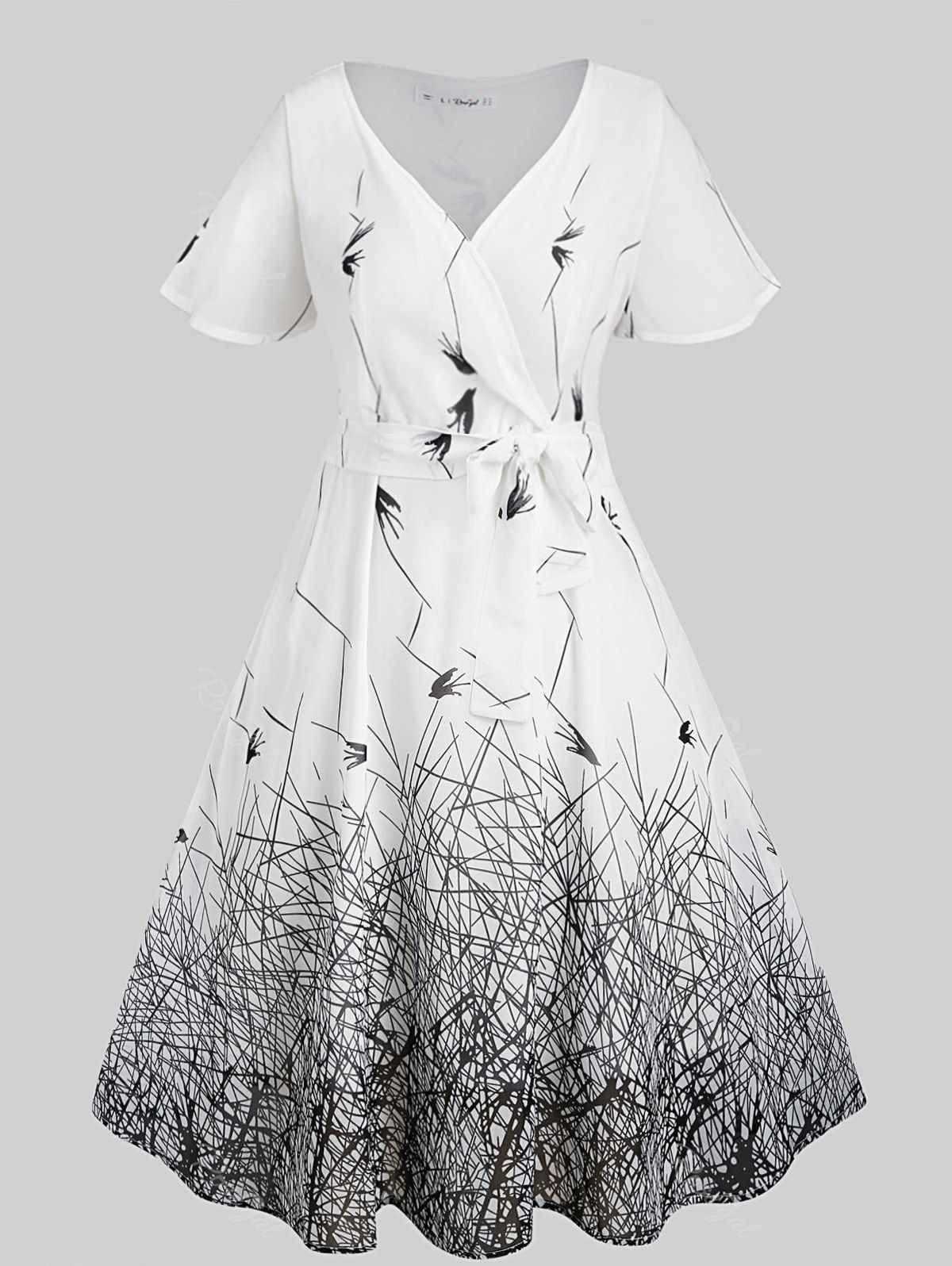 

Plus Size Printed Surplice Knee Length Dress, Cool white