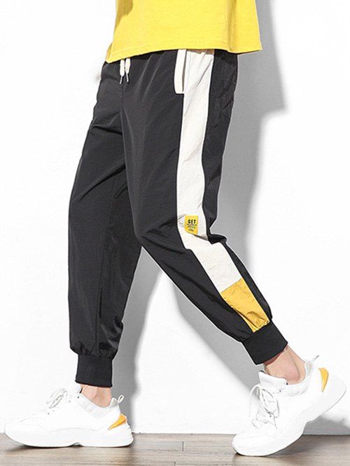 

Applique Color Block Panel Casual Jogger Pants, Black