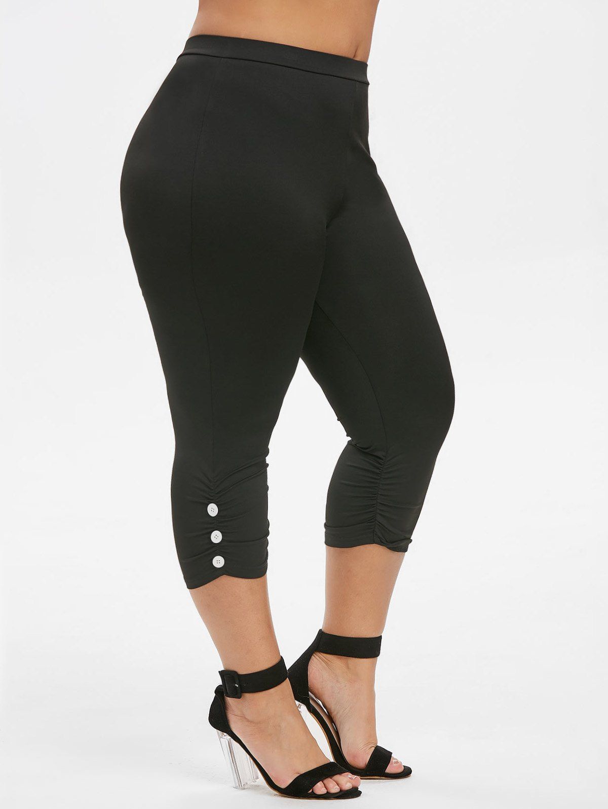 

Ruched Buttoned Capri Plus Size Leggings, Black