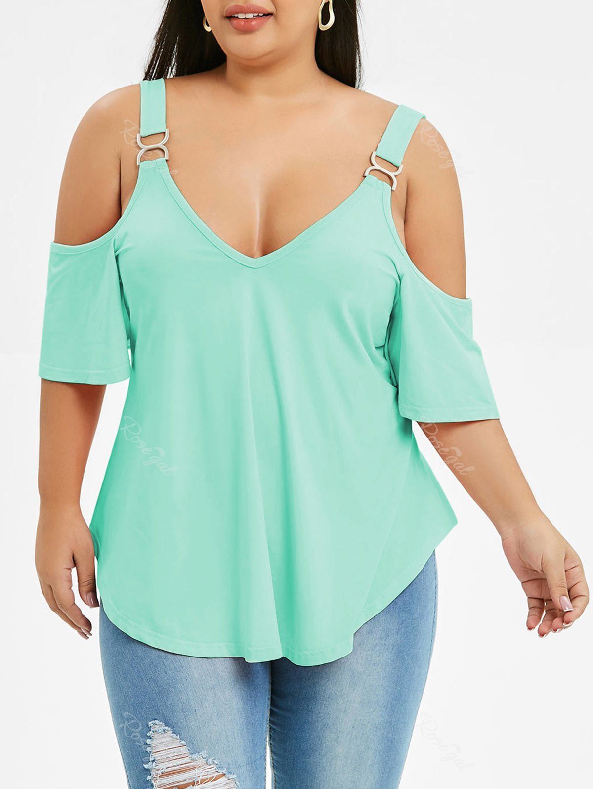 

Plus Size Open Shoulder Tunic T Shirt, Light aquamarine