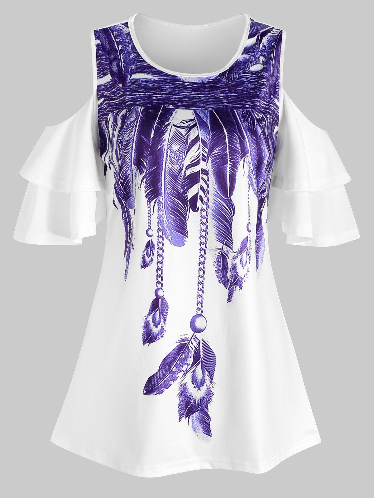 

Tiered Sleeves Feather Print Longline Tee, White