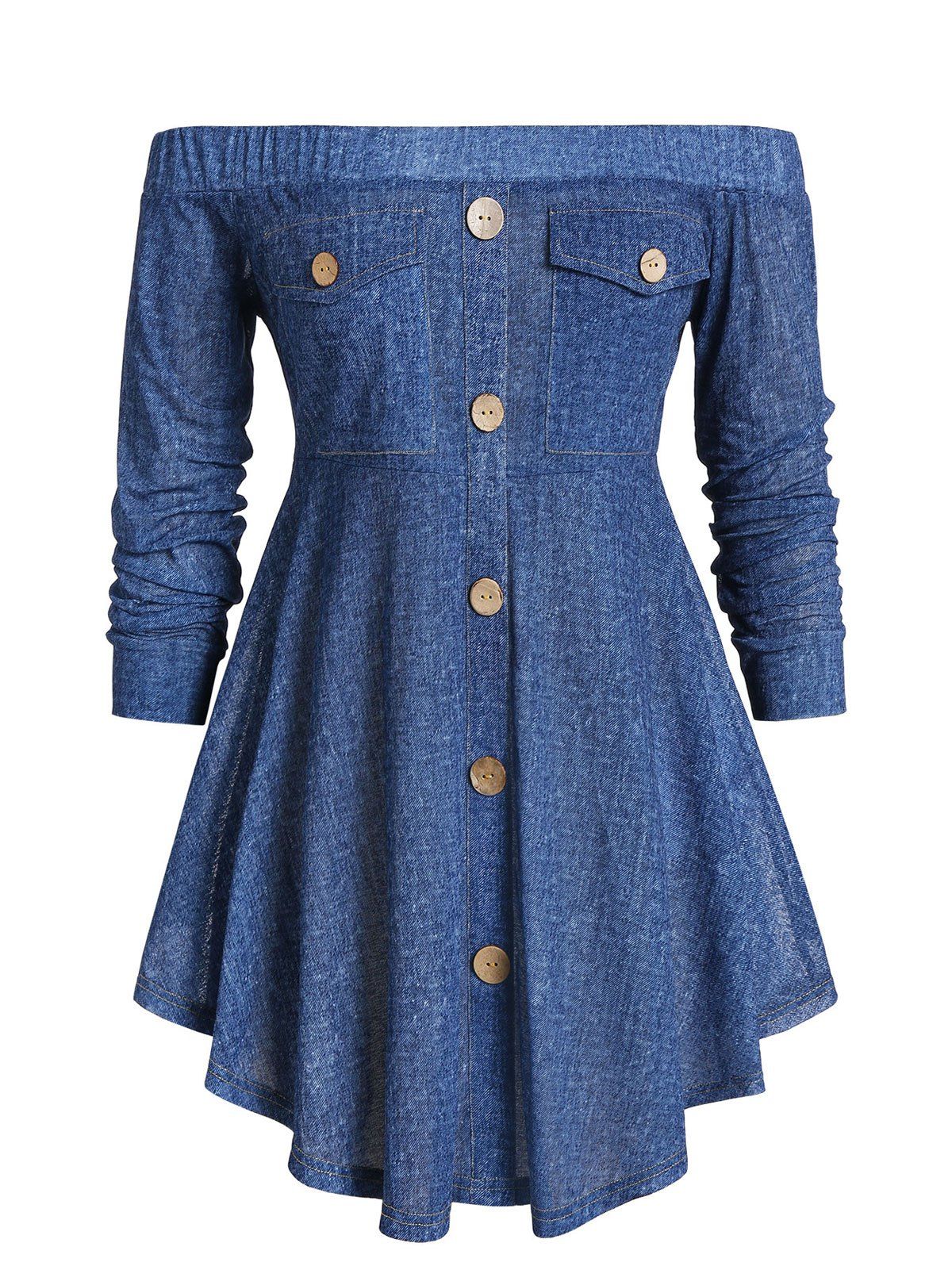 

Plus Size Off Shoulder Buttons Long Sleeves Top, Blue