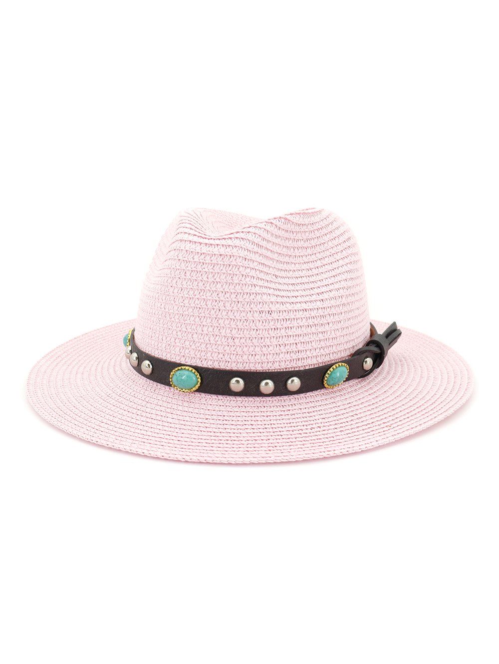 

Faux Turquoise Embellished Outdoor Jazz Straw Hat, Hot pink