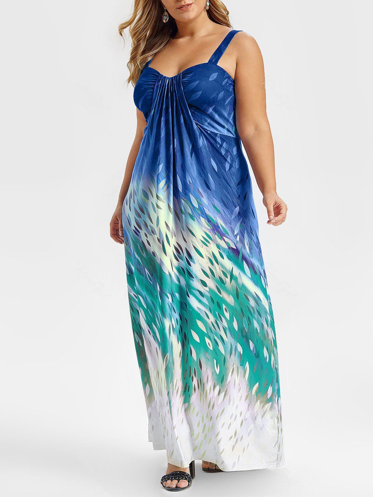 

Plus Size Teardrop Print Sleeveless A Line Long Dress, Blueberry blue