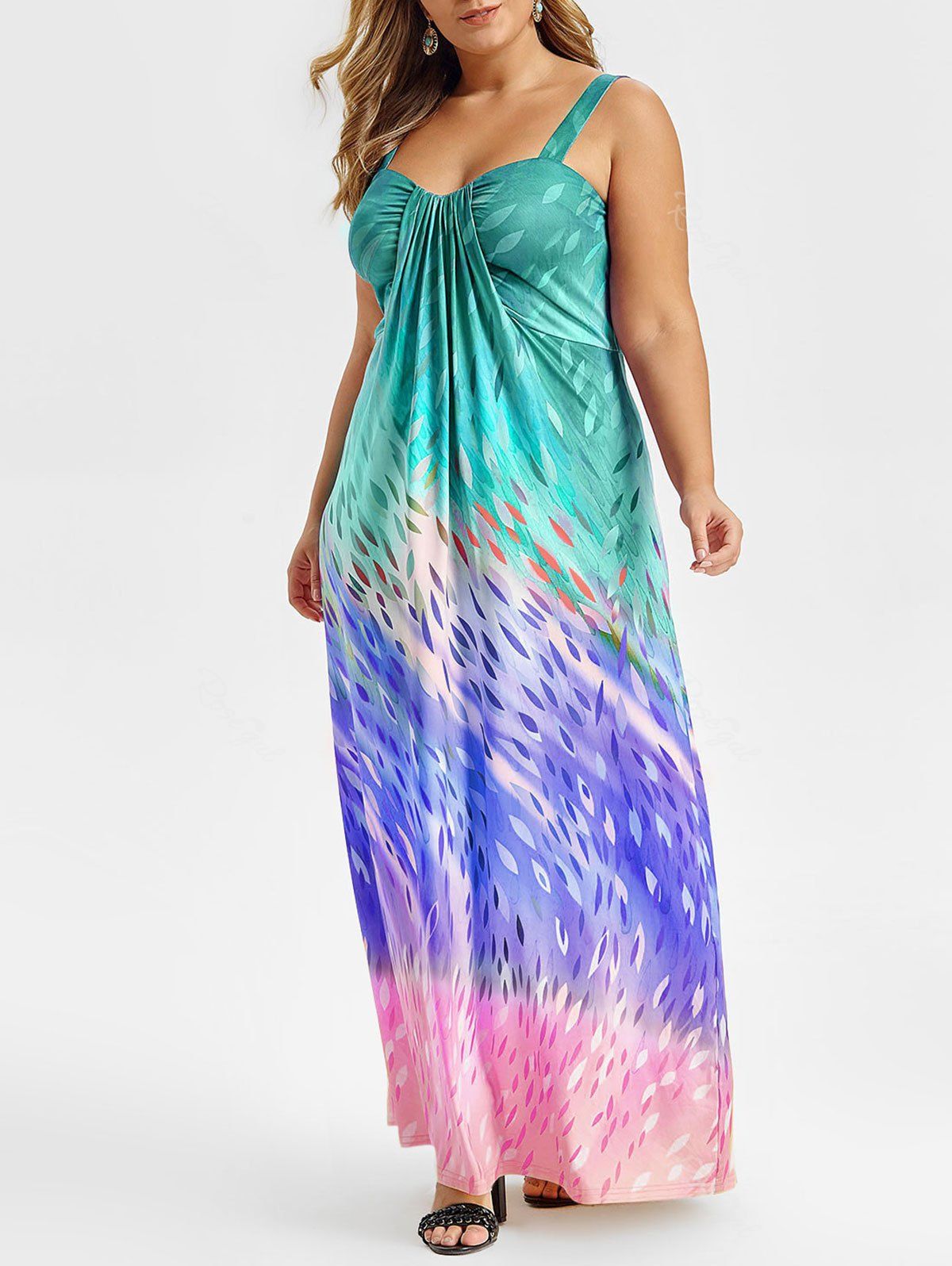 

Plus Size Teardrop Print Sleeveless A Line Long Dress, Macaw blue green