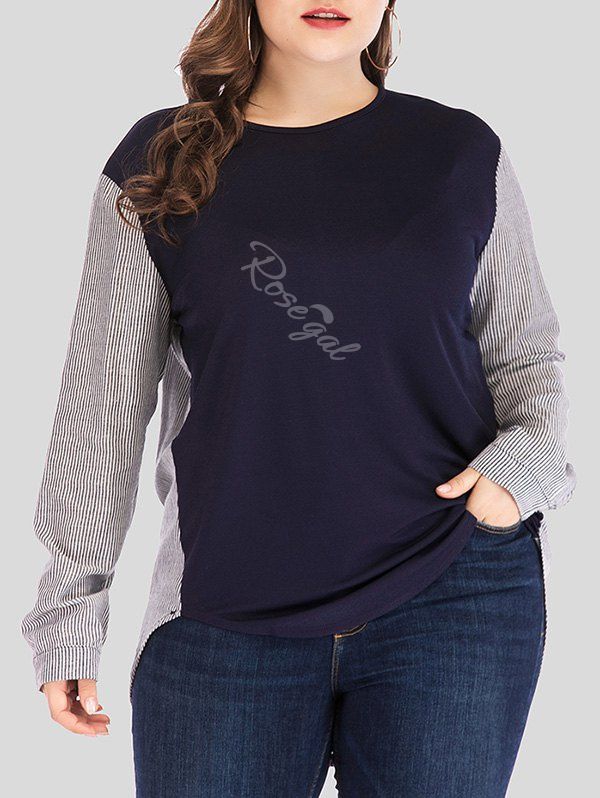 

Plus Size Two Tone Stripe High Low Top, Midnight blue