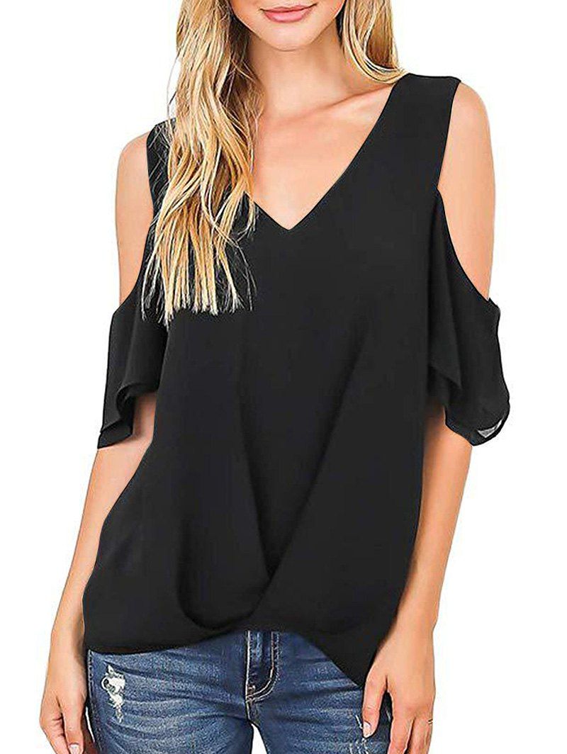 

V Neck Open Shoulder Chiffon Blouse, Black