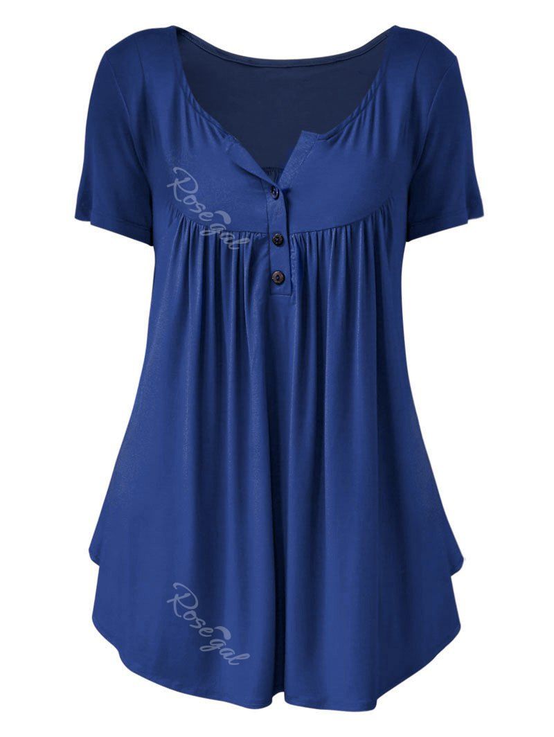 

Plus Size Solid Color Ruched Front Button T Shirt, Blue