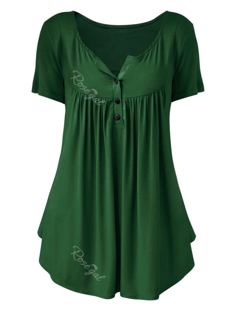 

Plus Size Solid Color Ruched Front Button T Shirt, Pine green