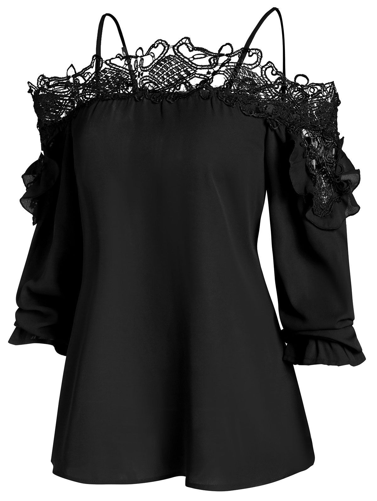 

Lace Insert Cold Shoulder Spaghetti Strap T Shirt, Black