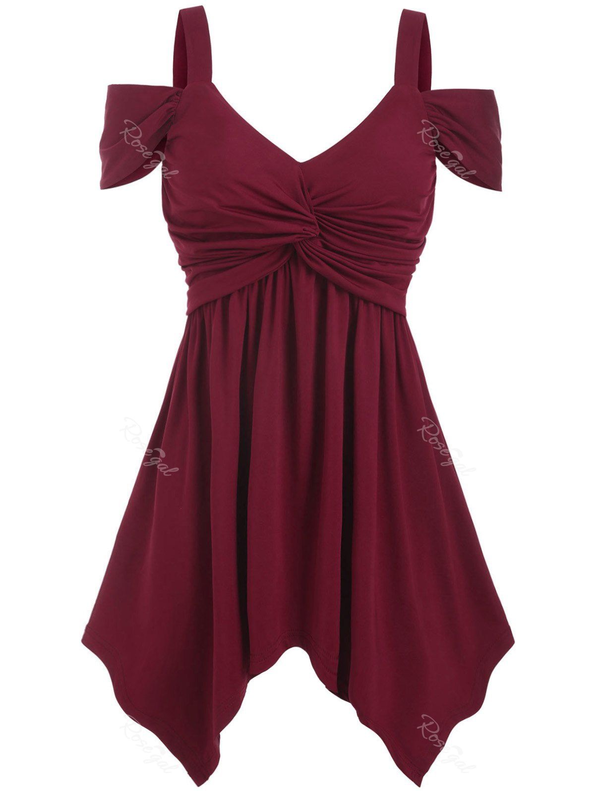 Handkerchief Twist Cold Shoulder Plus Size Top, Red wine