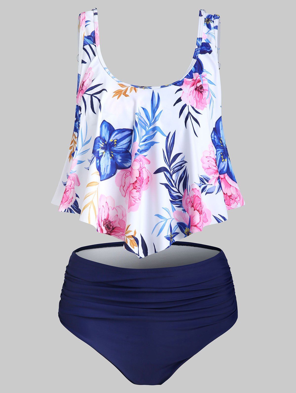 

Flower Printed Flounce Tankini Swimsuit, White