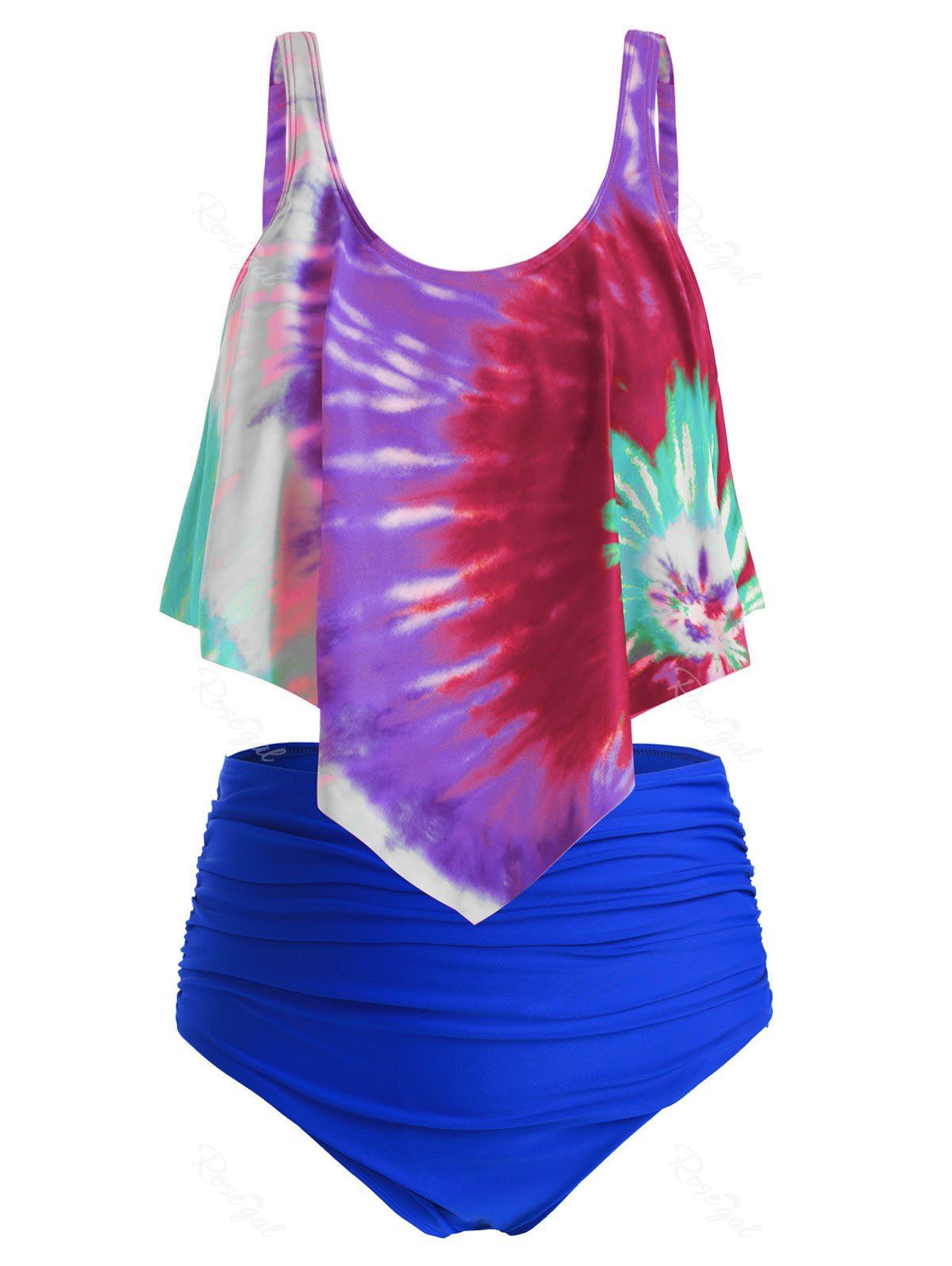 

Plus Size Overlay Tie Dye High Waist Tankini Swimsuit, Multi-f