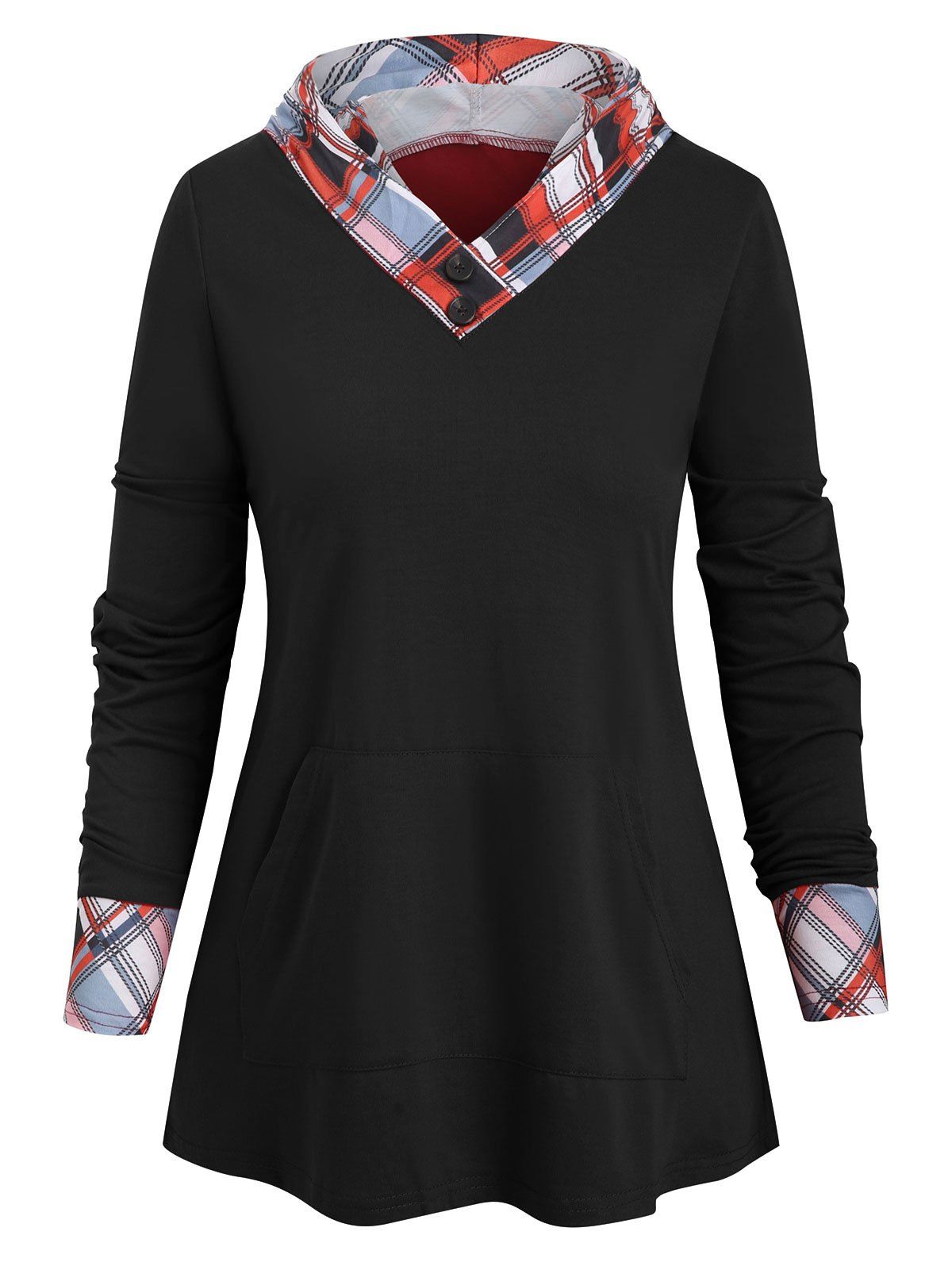 

Checked Panel Hooded Long Sleeve Top, Black