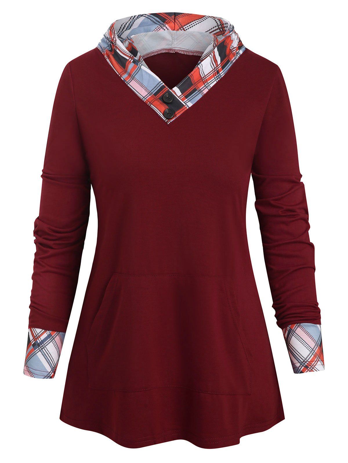 

Checked Panel Hooded Long Sleeve Top, Red wine