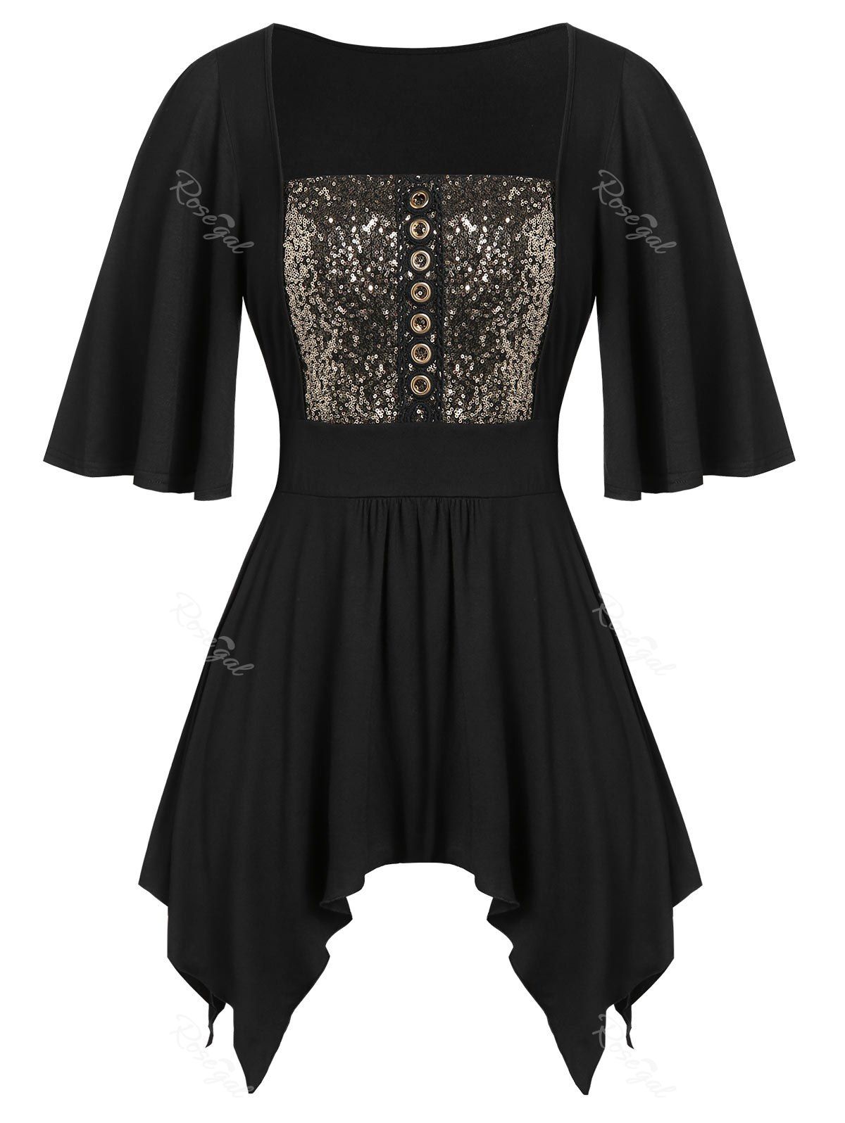 

Plus Size Asymmetric Sequined Handkerchief Knotted Tunic Tee, Multi