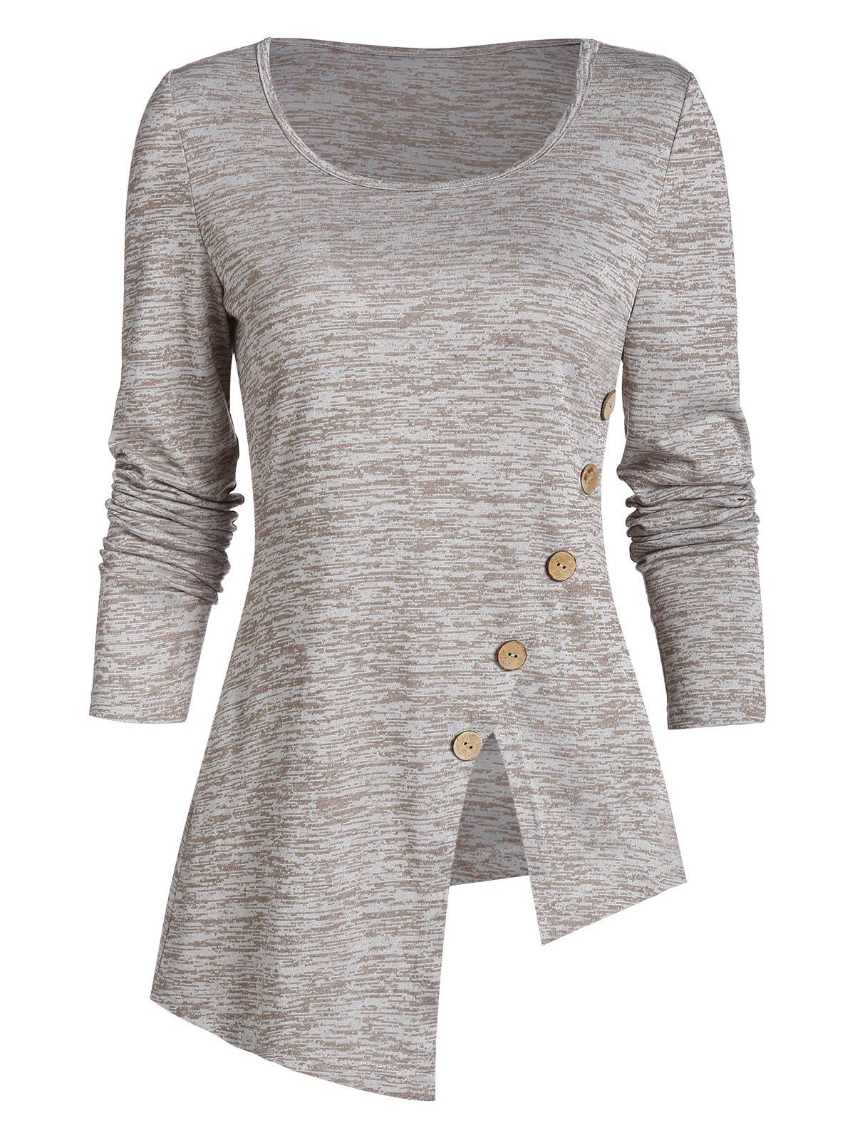 

Space Dye Print Asymmetric Button Embellished Slit T-shirt, Ash gray
