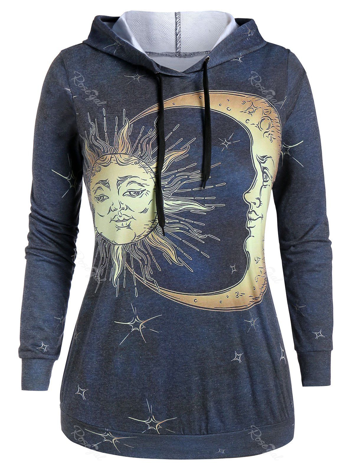 

Plus Size Sun and Moon Print Long Sleeve Hoodie, Slate gray