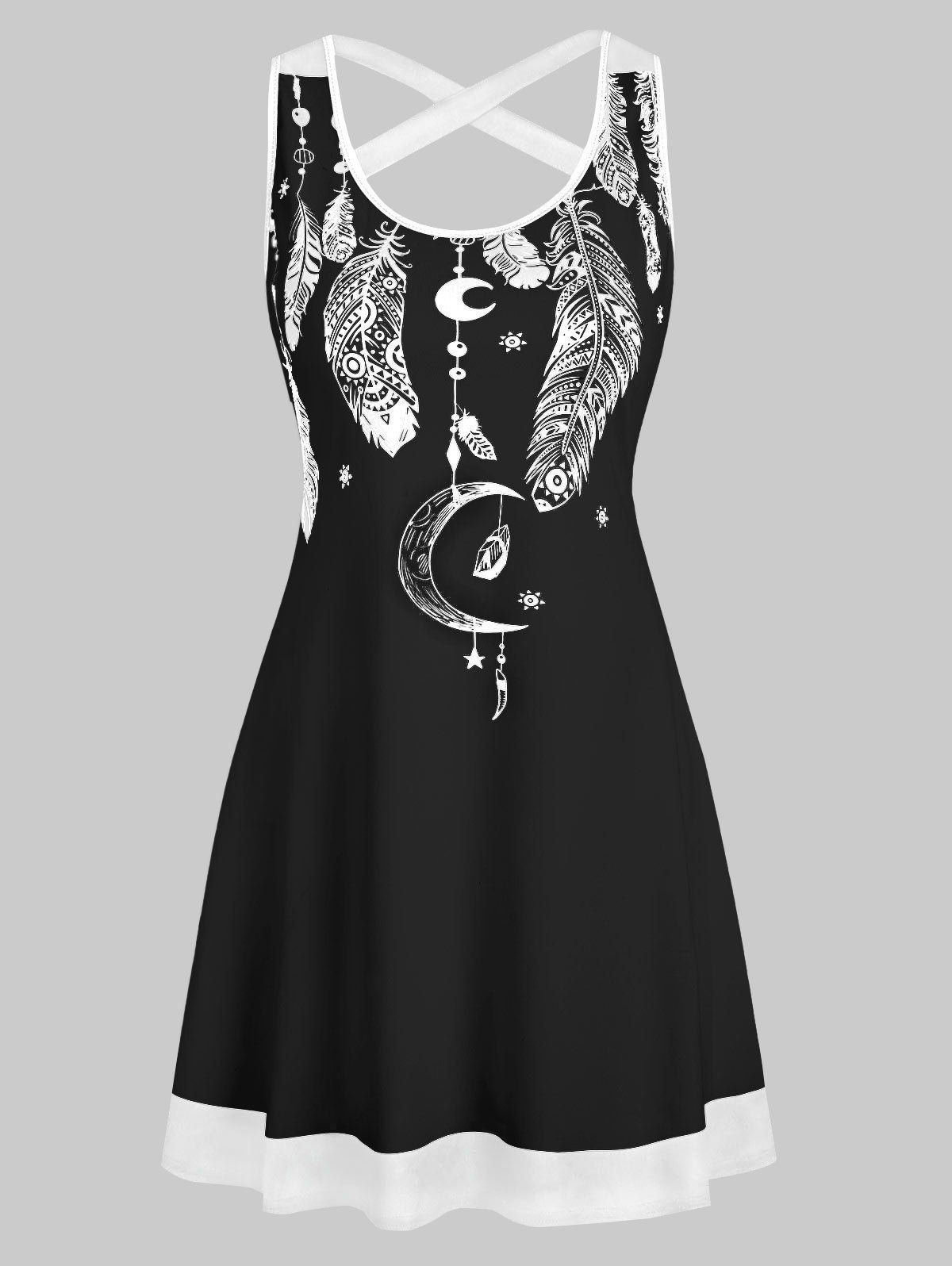 

Feather Print Criss Cross Mini Dress, Black