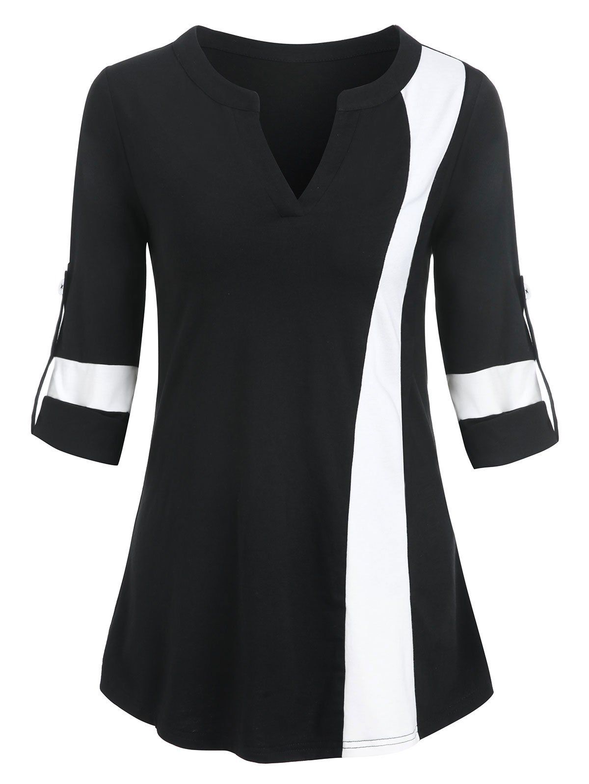 

Two Tone Roll Up Sleeve V Notch Tee, Black