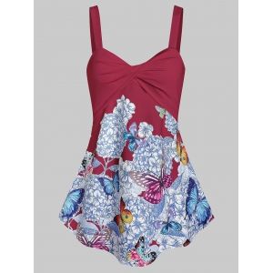 

Floral Butterfly Print Twisted Trapeze Tank Top, Red wine