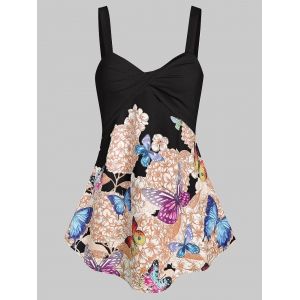 

Floral Butterfly Print Twisted Trapeze Tank Top, Black